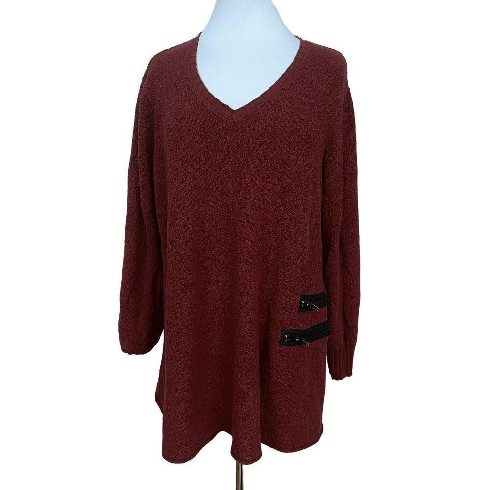 Textures Atsy Long Sleeve Cotton Boucle V-Neck Pullover Tunic Top Cranberry L/XL